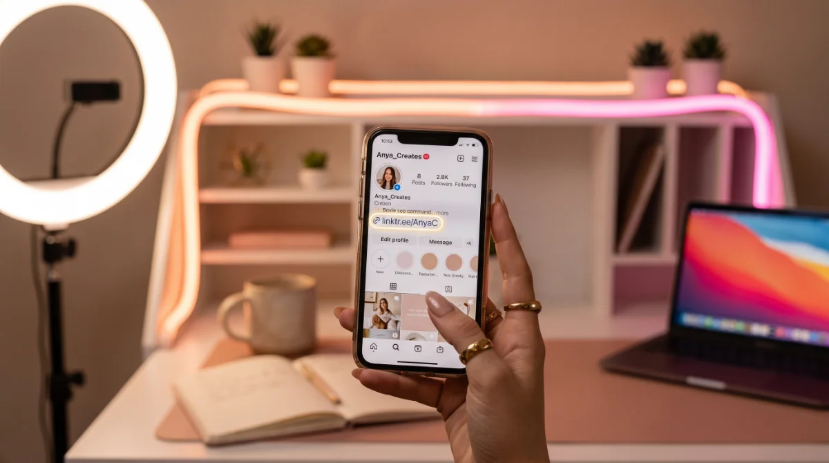 A phone showing an Instagram profile with a highlighted link in bio, creator ring-light setup — the bio link fan funnel