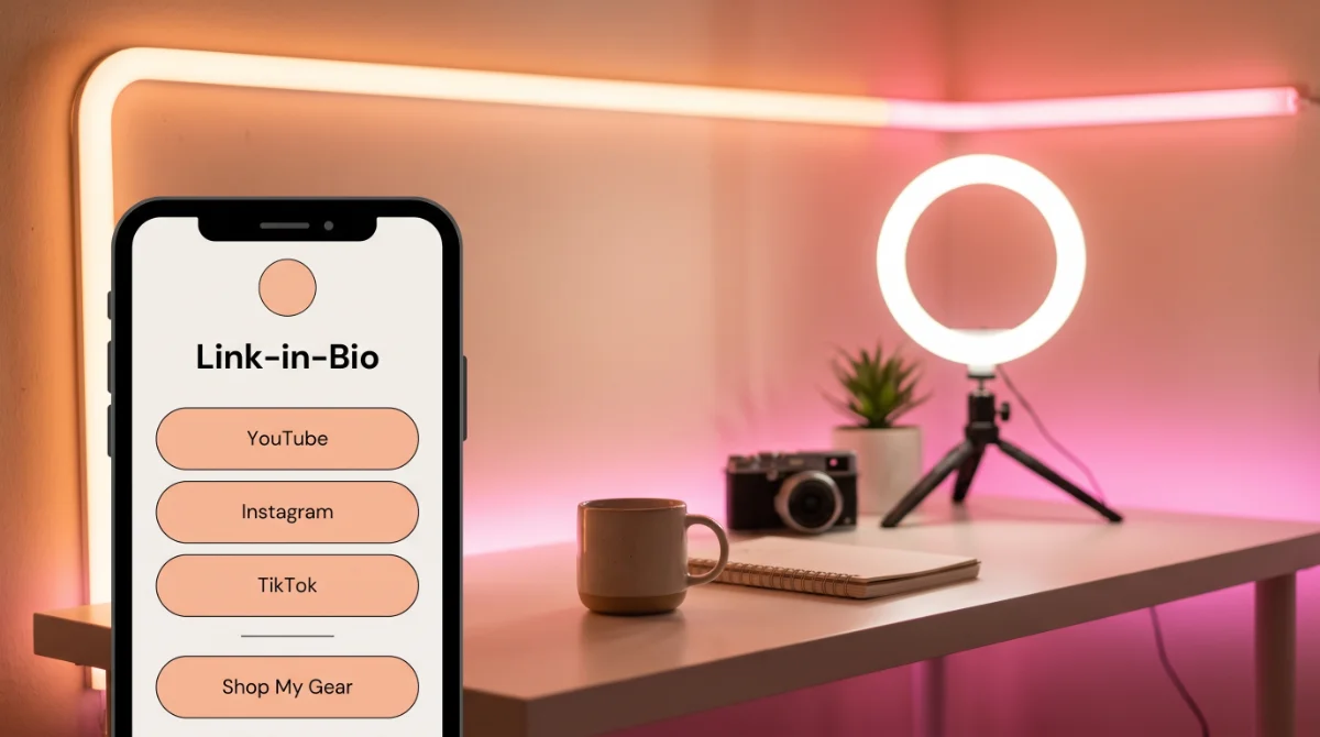 A phone showing a link-in-bio landing page with platform buttons and a ring light — the bio link that routes fans to your profile