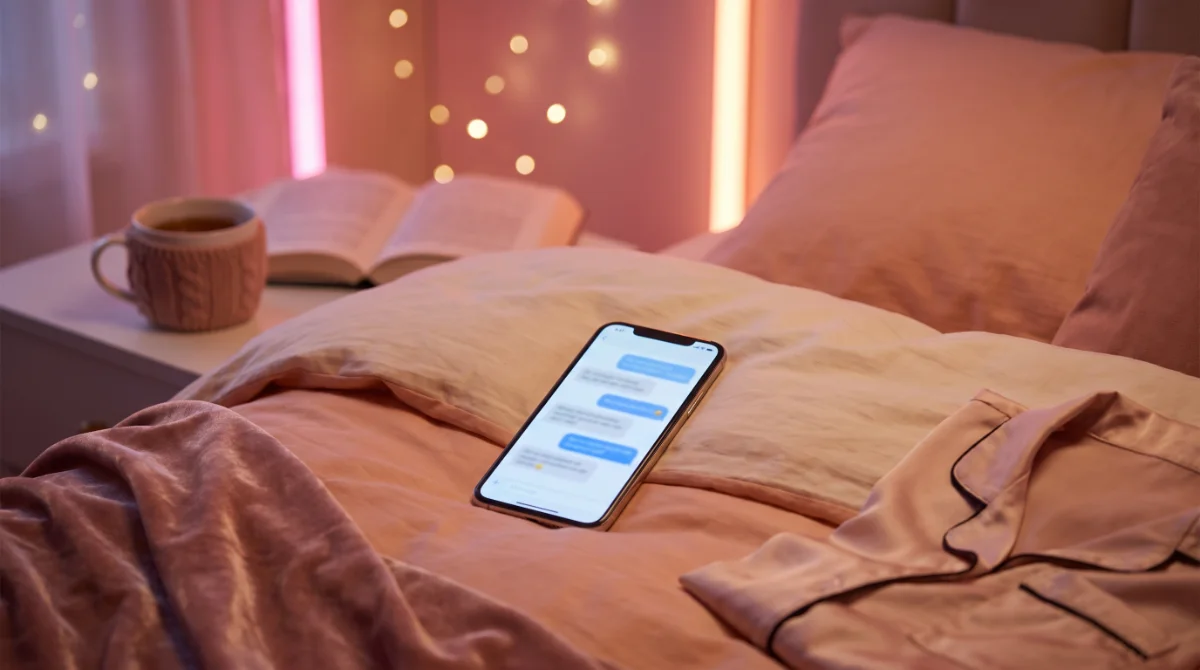 A phone on a bed showing a chat conversation with message bubbles, cozy night lighting — do OnlyFans creators chat with fans
