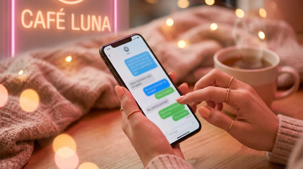 Hands typing a chat message on a phone with message bubbles — how OnlyFans creators reply to fans