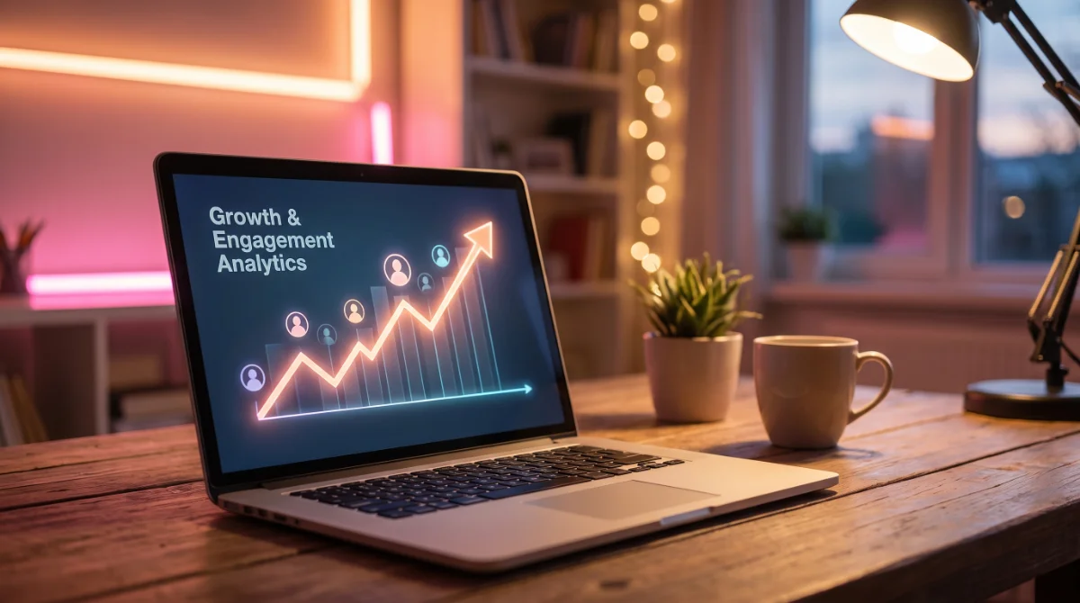 A laptop showing a rising analytics chart of profile views — grow your OnlyFans reach without social media